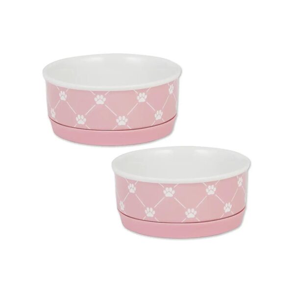 Small Ceramic Pet Bowl Set Trellis Paw Print Microwave Dishwasher Safe Non Slip Bottom