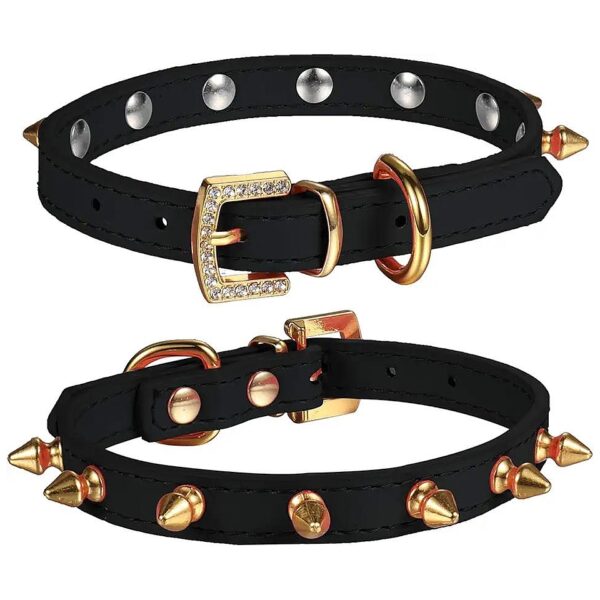 Small Dog Cat Collar with Golden Spikes and Rhinestone Buckle for Necks 8-11 Inch