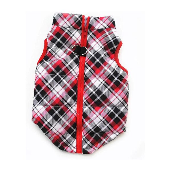 Small Dog Winter Coat with Zipper Leash Hook, Plaid Pattern, Durable Polyester