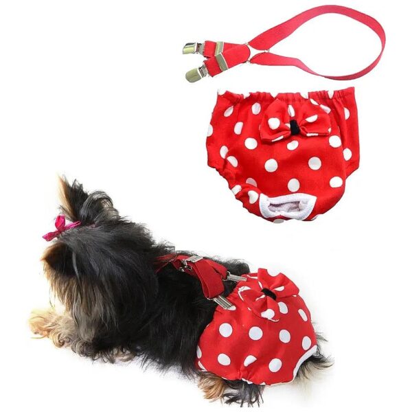 Small Female Dog Diaper with Suspenders in Red Polka Dot for 16-20 Inch Waist Reusable