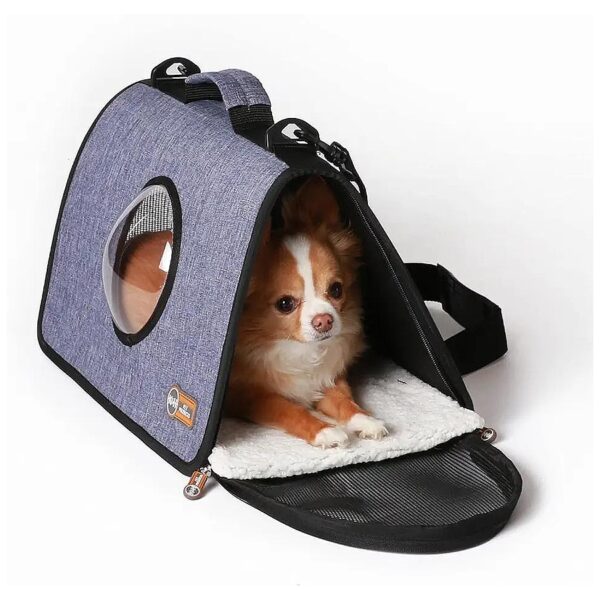 Small Light Denim Pet Carrier with Mesh Windows and Comfort Pad