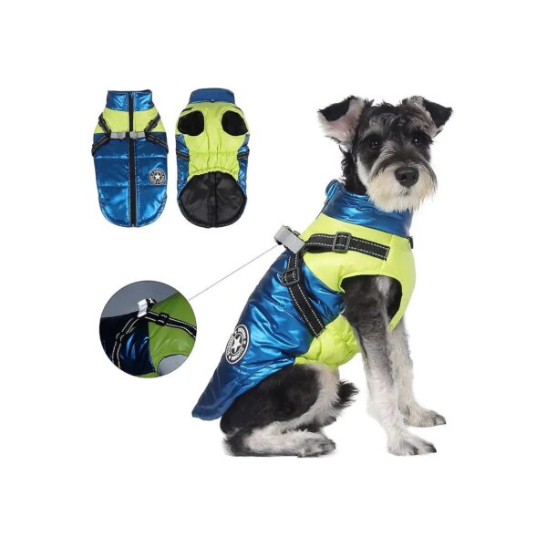 Small Medium Dog Winter Coats with Harness Reflective Padded Warm Blue Puffer Jacket