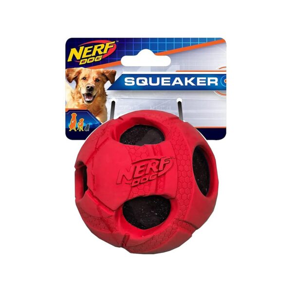 Small Medium and Large Breed Red Rubber Wrapped Tennis Ball Squeaker Dog Toy for Families