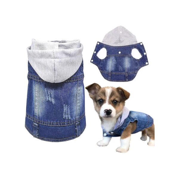 Small Pet Clothes Denim Jacket in Blue with Classic Hood and Lapel Collar for Dog Fashion