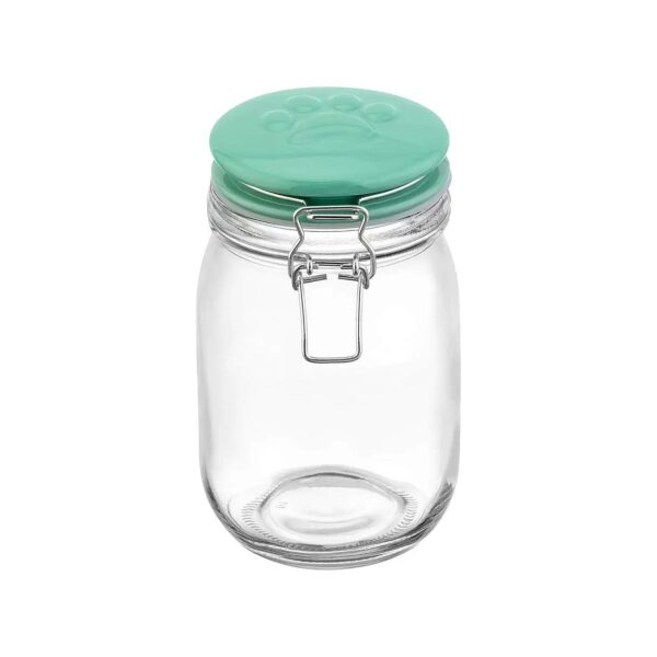 Small Pet Treat Container with Clear Glass Body and Green Ceramic Lid