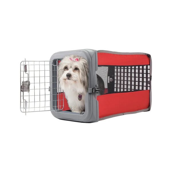 Small Red Dog House Crate with Metal Gate and Plastic Frame for Indoor or Outdoor Use