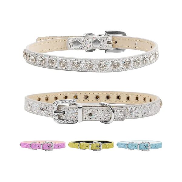 Small Silver PU Leather Adjustable Rhinestone Cat Dog Collar