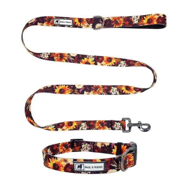 Small Sunflowers Floral Pattern Polyester Dog Collar and Leash Set for XS to L Dogs