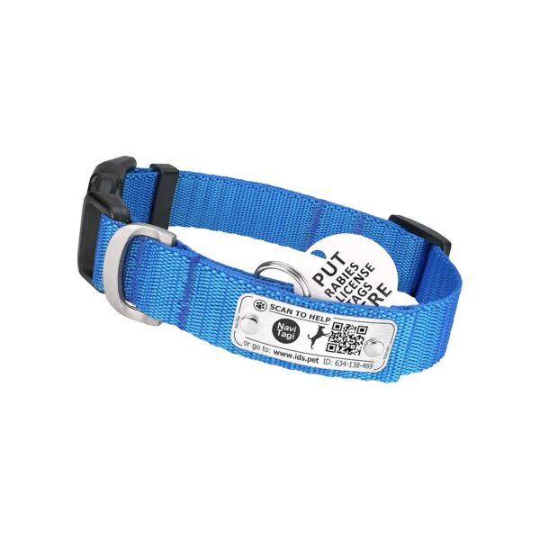 Small Wide Blue Dog Collar with QR ID and 2 Phone Updatable Option