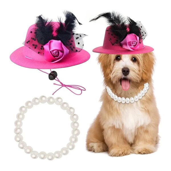 Small to Medium Pet Fashion Essentials, Premium Pet Fascinator Hat and Pearl Collar Set