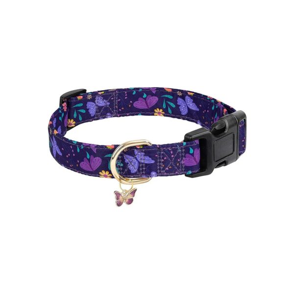 Soft Adjustable Dog Collar with Purple Butterfly Pattern for Small Medium Large Dogs