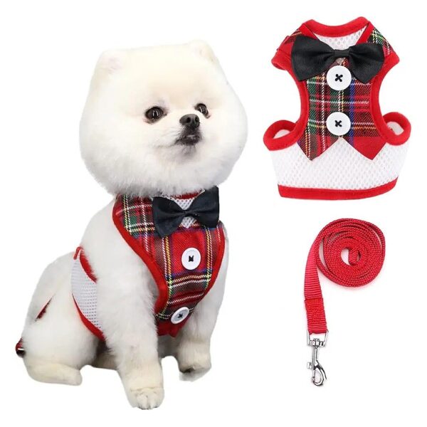 Soft Adjustable Red Plaid Dog Harness with 2 Leash Clips for Small Pets