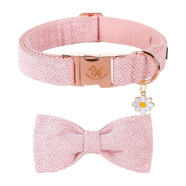 Soft Cotton Webbing Pink Herringbone Dog Collar with Elegant Bow for Large Dogs