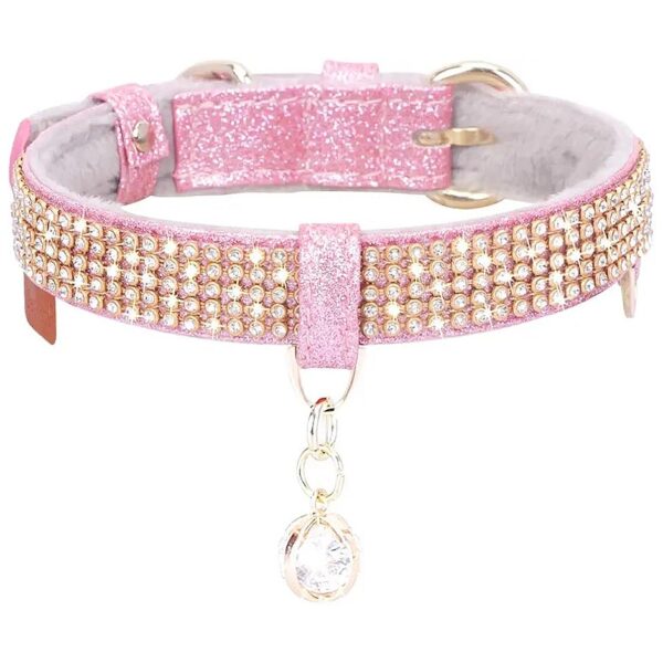 Soft Durable PU Leather Dog Cat Collar with Bling Rhinestones Pendant Adjustable Size