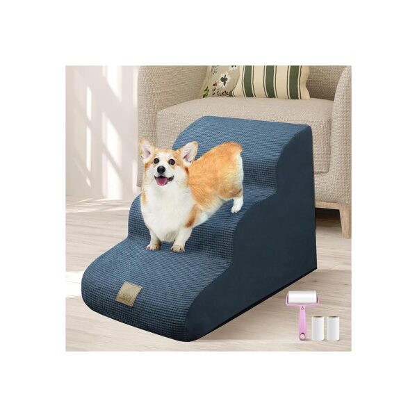 Soft Foam Dog Stairs with Non-Slip Bottom, Liner, and Gift Lint Roller for Small Breeds