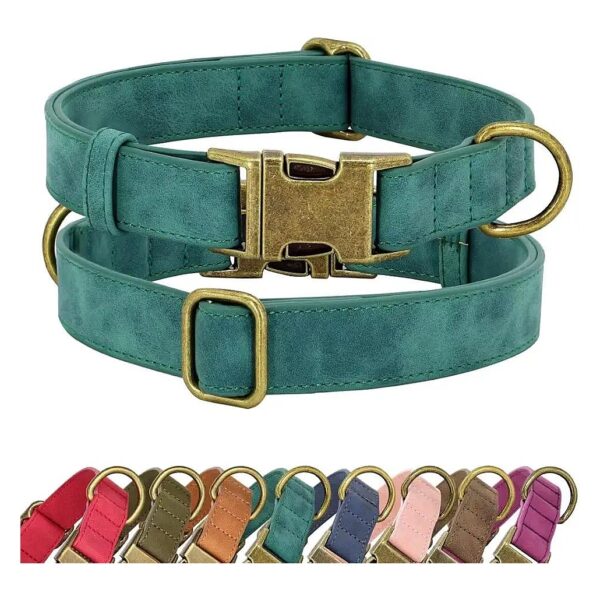 Soft Leather Dog Collar with Heavy Duty Metal Buckle and Green Color for Small Dogs