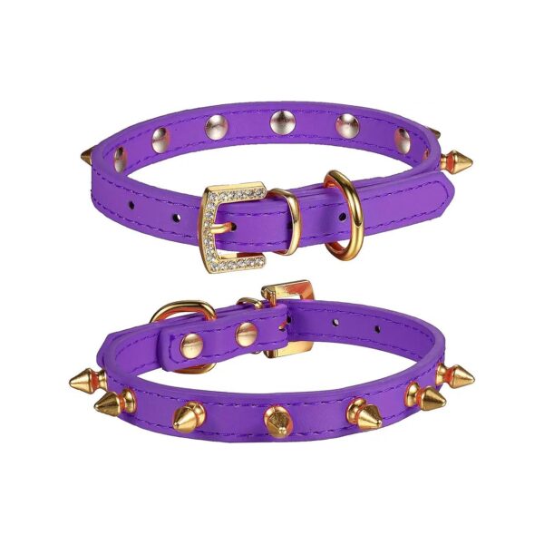 Soft Leather Dog Collars with Golden Buckle and Spiked Studs for Small Pets