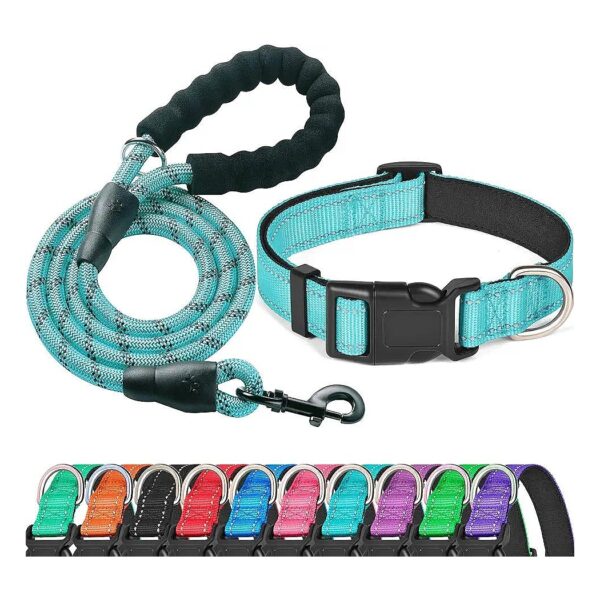 Soft Neoprene Padded Reflective Nylon Dog Collar for Small Medium Large Dogs Blue Leather