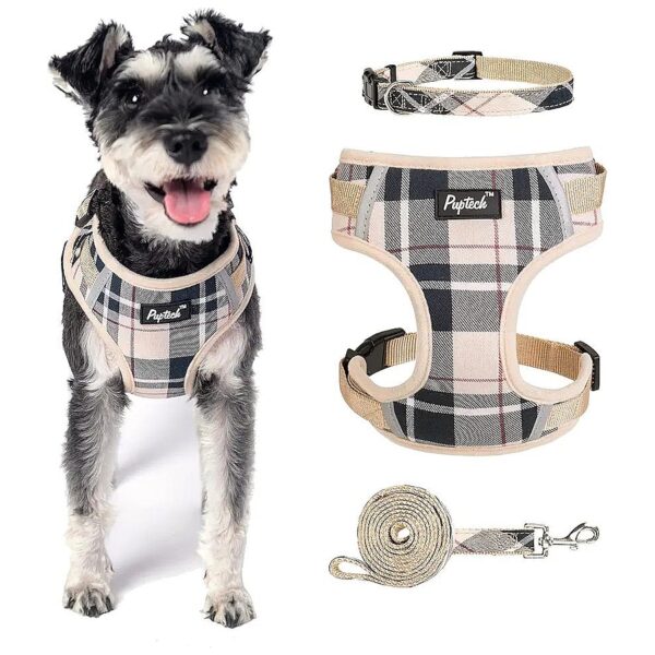 Soft Padded Plaid Dog Harness and Leash Collar Set for Small Medium Dogs and Cats