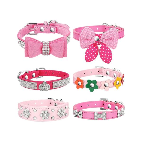 Soft Pink Puppy Collars with Rhinestones and Bowtie Decoration for Small Dogs and Cats