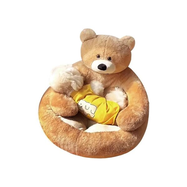 Soft Plush Bear Hug Design Dog Cat Bed with Removable Washable Cover and Non-Slip Bottom