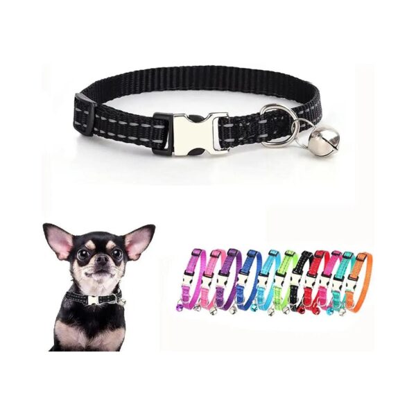 Soft Reflective Nylon Webbing Dog Collar with Metal Buckle and Bell for Small Dogs