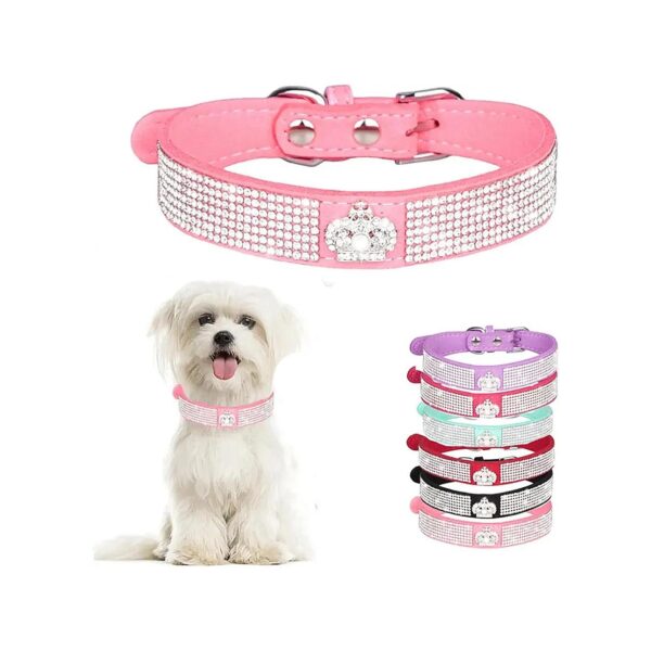 Soft Suede Rhinestone Bling Dog Collars in Crown Pink for Small Pets