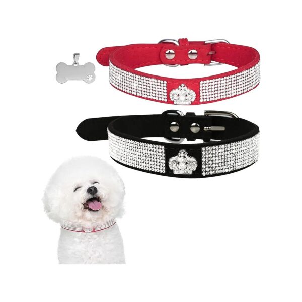 Soft Velvet Rhinestone Dog Collars with Adjustable Size and Cute Bone ID Tag