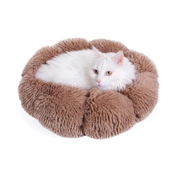 Soft and Cute Flower Fluffy Round Cat Bed for Small Breeds with Anti-Anxiety Features