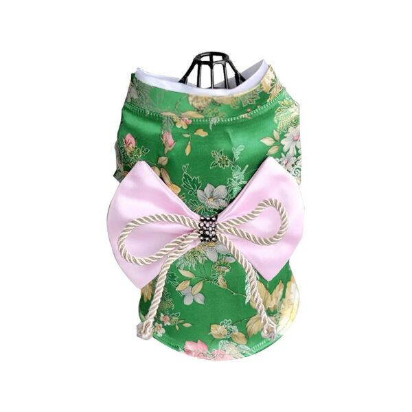 Soft and Durable Pet Kimono Dress with Floral Bowknot and Green Brocade