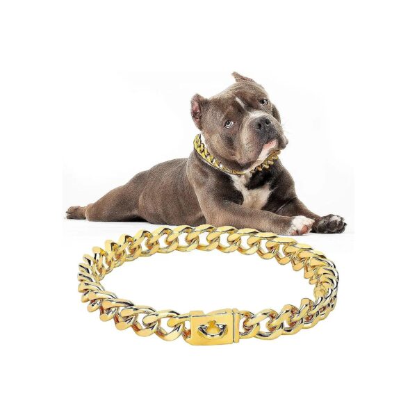 Solid 18K Gold Cuban Link Dog Collar with Design Secure Buckle for Small to Large Dogs