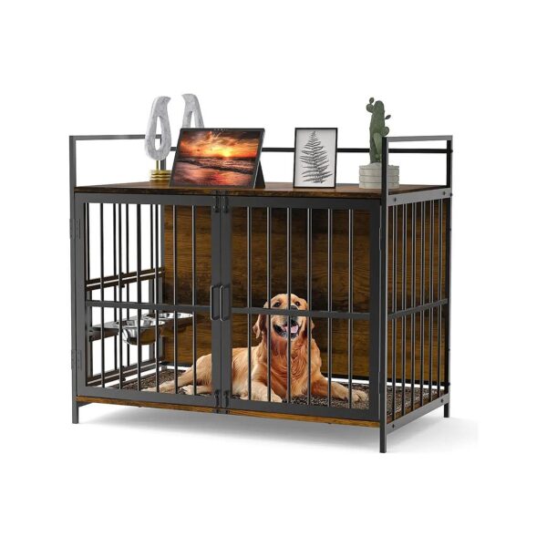 Spacious Metal Dog Crate Furniture-Style for Large Breeds with Adjustable Bowls