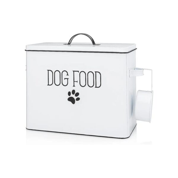 Spacious White Dog Food Storage Canister with Scoop, Fresh Pet Food and Treat Container