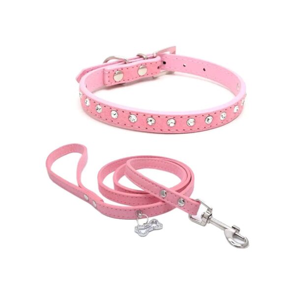 Sparkling Bling Rhinestone Suede Leather Dog Collar and Leash for Pink Small Medium Dogs