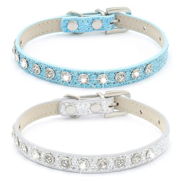 Sparkly Rhinestone Cat Collars for Small Pets - Silver PU Leather Adjustable Collars