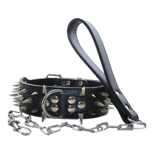 Spiked Black Leather Dog Collar and Leash Set for Extra Large Pit Bull Terriers