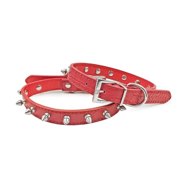 Spiky Leather Dog Cat Collar with Polished Silver Spikes Adjustable Pet Collar Red Small