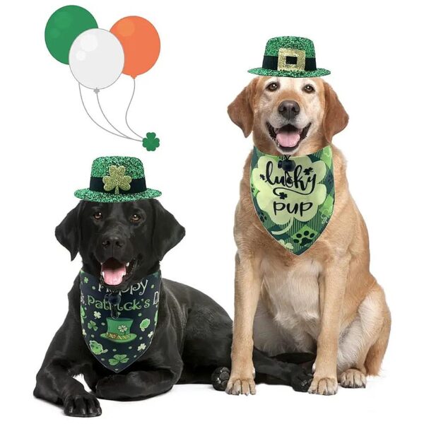 St Patrick's Day Dog and Cat Costume Package with Green Sequin Hat and Plaid Bandana