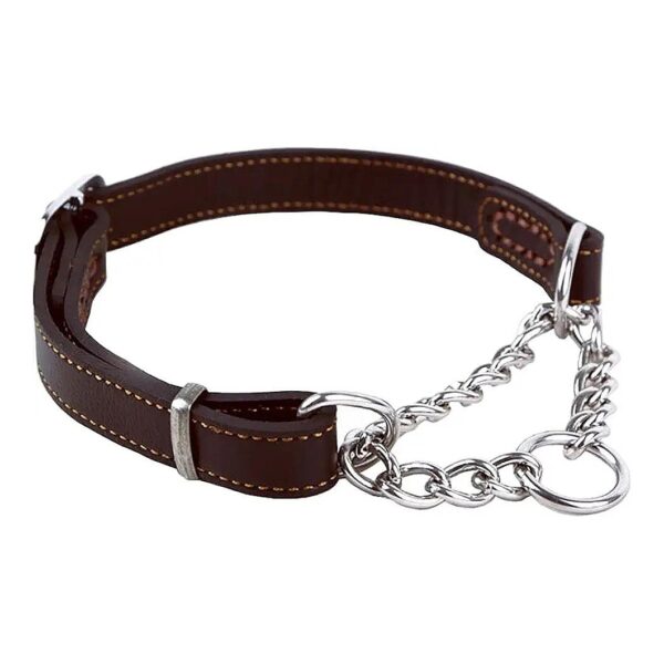 Stainless Steel Chain Brown Leather Martingale Collar for Medium Large Dogs