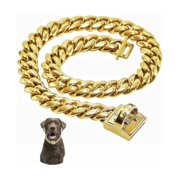 Stainless Steel Dog Chain Collar Heavy Duty 15MM Cuban Link Walking Training Collars Gold