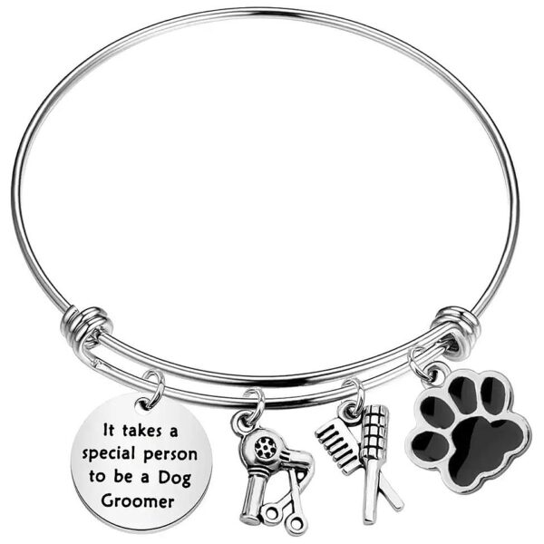 Stainless Steel Paw Print Charm Pet Groomer Bangle Gift for Dog Hairdressers