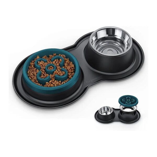 Stainless Steel Slow Feeder Dog Bowls with No-Spill Mat for Medium Small Sized Dogs