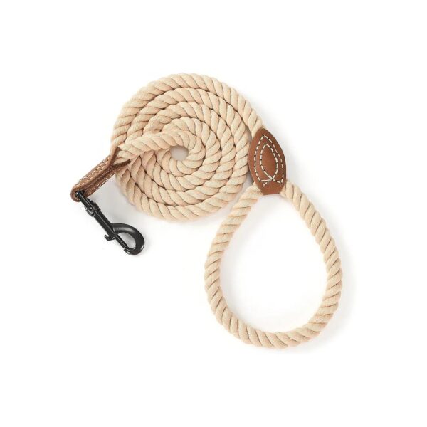 Strong Cotton Braided Rope Dog Leash with Leather Tailor Tip and Heavy Duty Metal Clasp