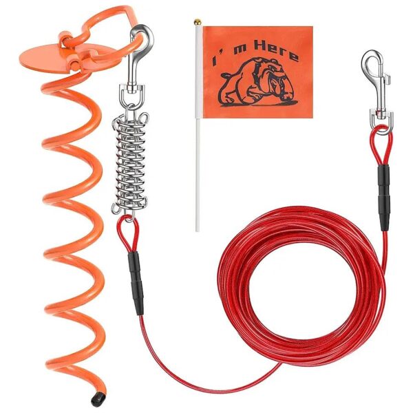 Sturdy Dog Chain Leash and Stake for Outdoor Use with Red Flag and 360 Degree Swivel Ends