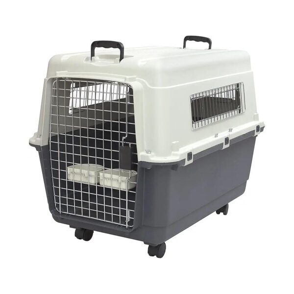 Sturdy Gray Plastic Dog Crate with Rolling Wheels for Kennel Trained Pets