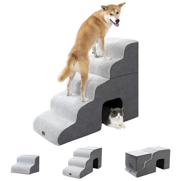 Sturdy Grey Dog Stairs with 5 Steps and Non-Slip Design for Small Dogs and Cats Indoors