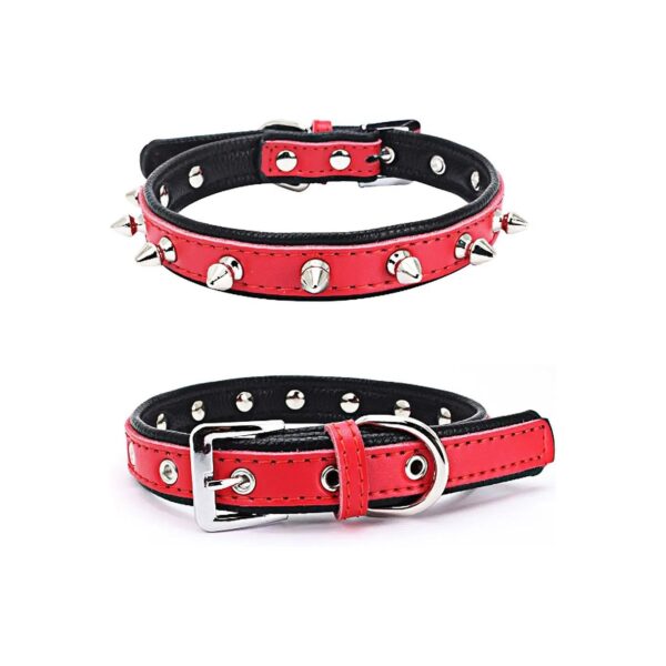 Sturdy Red Genuine Leather Dog Collar with Spikes for Medium Dogs and Puppies