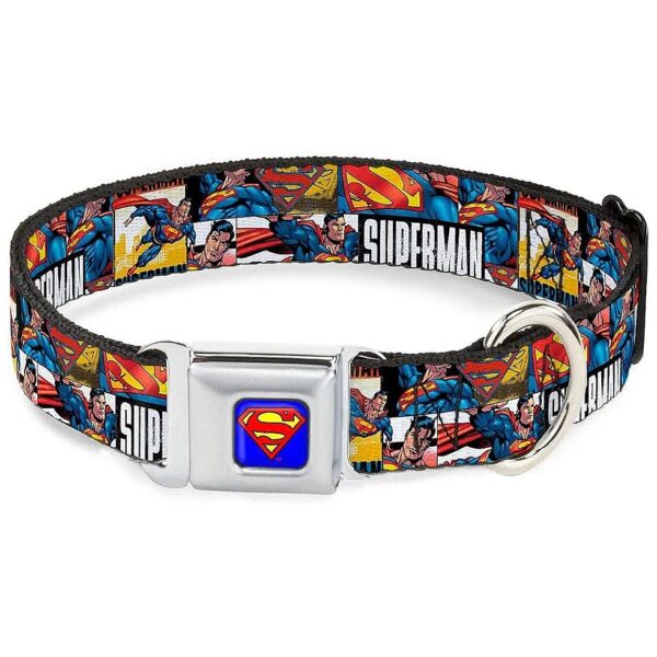 Superman Action Block Dog Collar with Seatbelt Buckle for Medium Neck Sizes 16-23 Inches