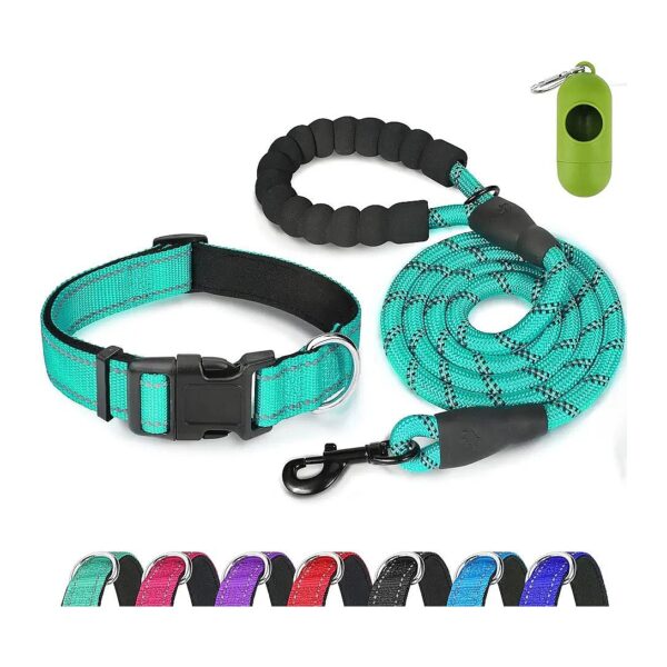 Teal Large Dog Collar with Adjustable Soft Neoprene Padding and 6FT Climbing Rope Leash