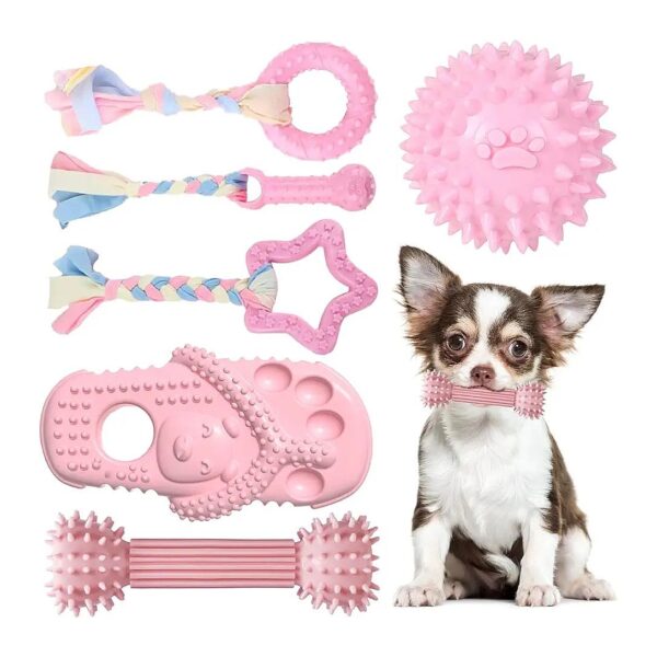 Teething Toys for Small Dogs Pink Soft Rubber Toy Set for Puppy Playtime